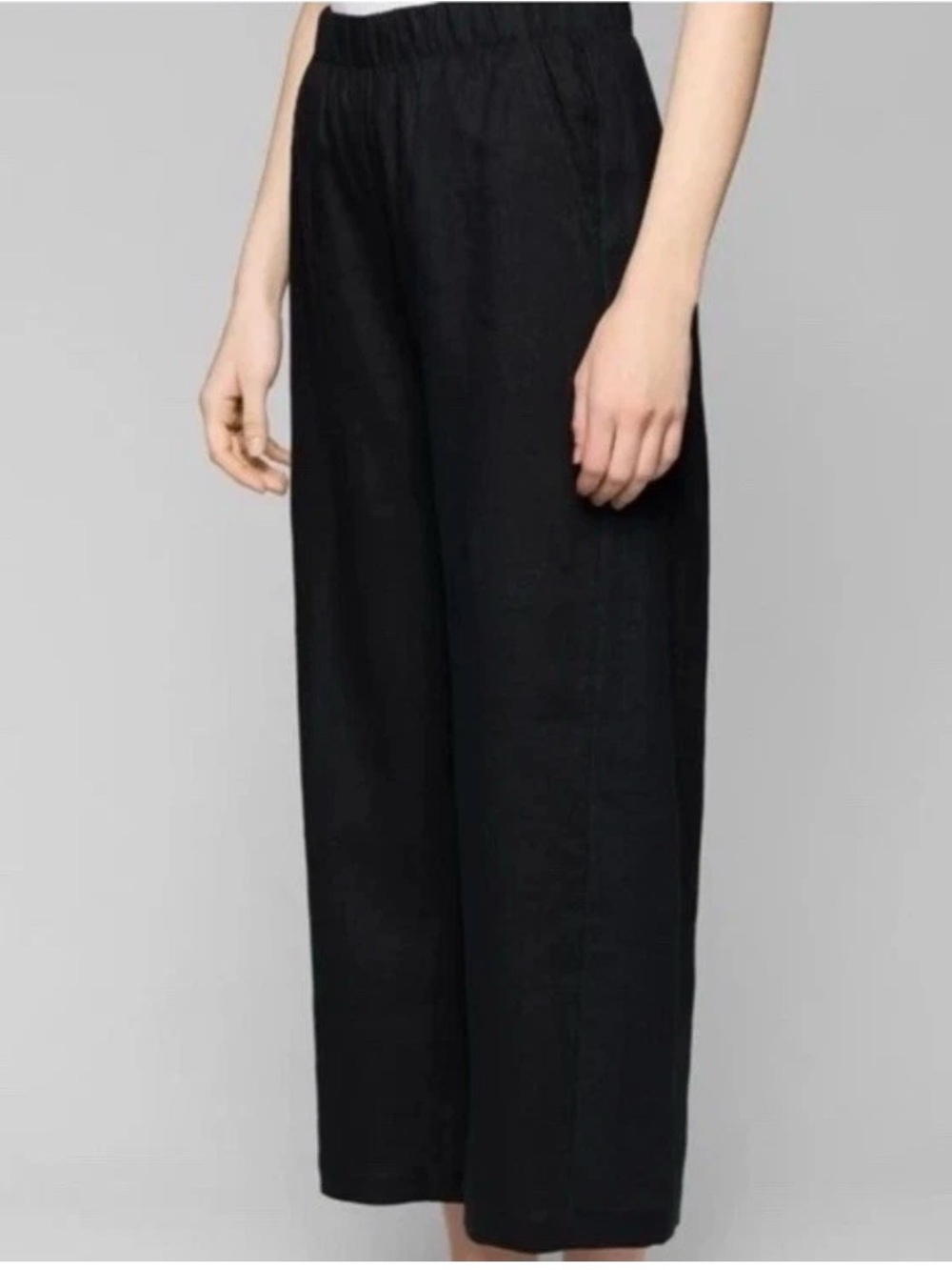 Flax Black Wide-Leg Elastic-Waist Linen Pants